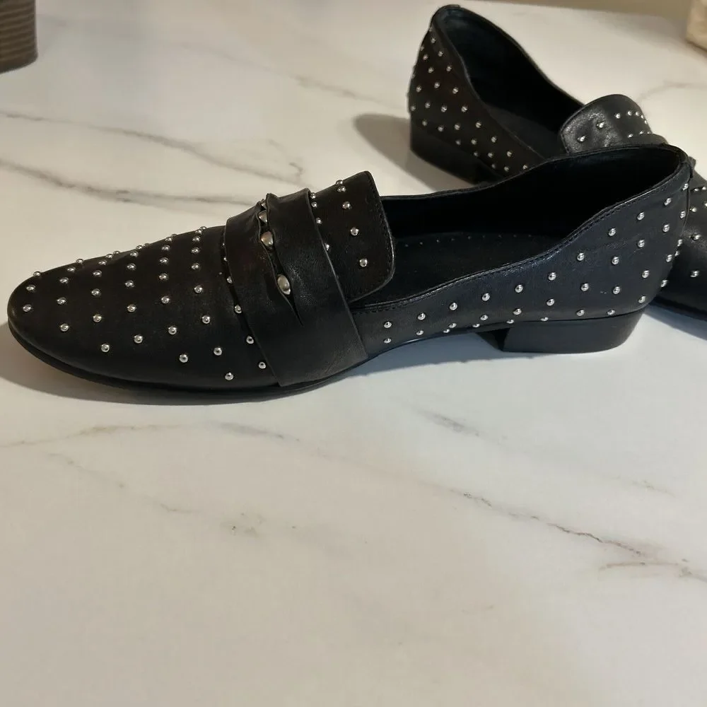 VanEli Penny Loafer Women Black Leather Shoes Smoking‎ Slipper 7 narrow Studded